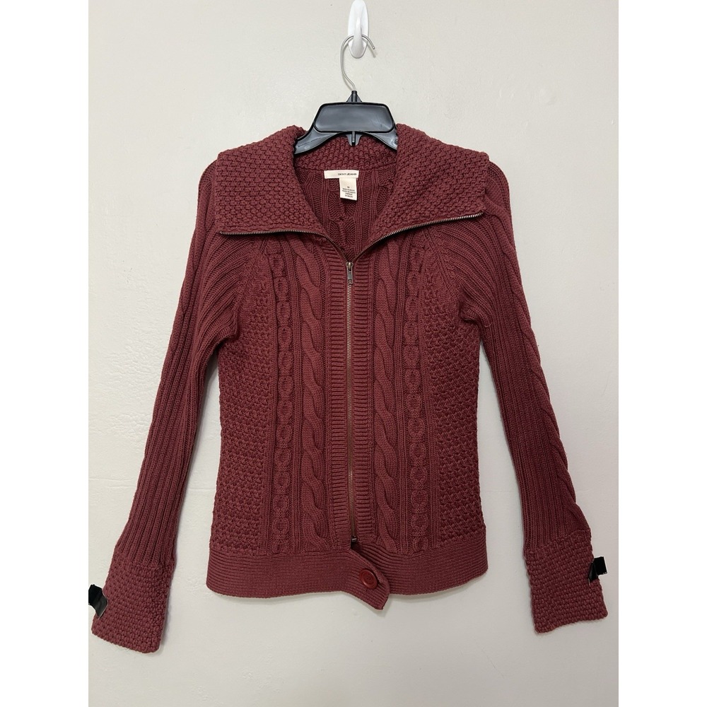Vintage Y2K DKNY Zip Up Sweater Chunky Cable Knit Ribbed Shawl Collar‎ Brick M